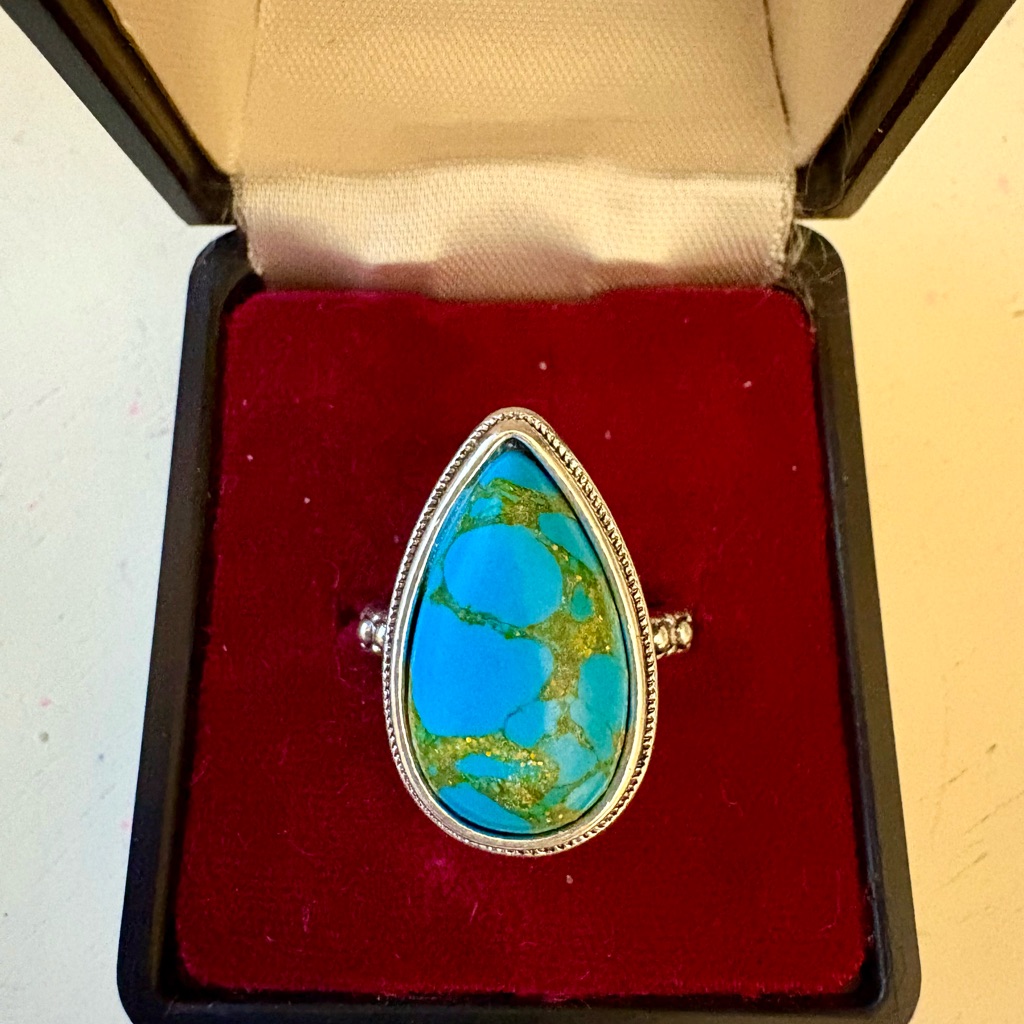 New Teardrop 925 Sterling Silver Copper Turquoise Ring - Size 6